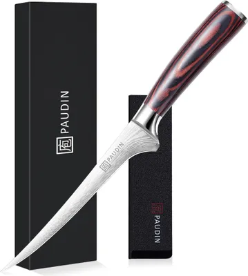 Produktbild von PAUDIN N26 Filetiermesser 18 cm – Flexibles Fischmesser mit Damastmuster – Ergonomischer Pakkaholzgriff – Inkl. Messerschutz