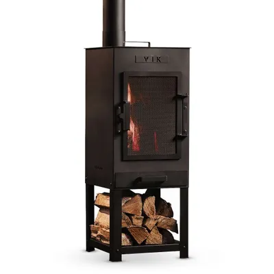 Produktbild von VIK Hera Gartenkamin Schwarz aus Stahl – Terrassenofen mit Schornstein, Grillrost & Wokring, Holzofen / Outdoor Kamin mit Holzlager für Garten