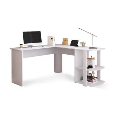 Produktbild von Meubles Cosy L-förmiger Eckschreibtisch, 140 x 140 x 75 cm, Computertisch mit 2 Ablagen, weiße Sperrholz-Tischplatte für das Homeoffice