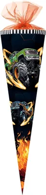 Produktbild von Schultüte 85cm 6eckig Tüllverschluss Textilborte LED Monstertruck Fire