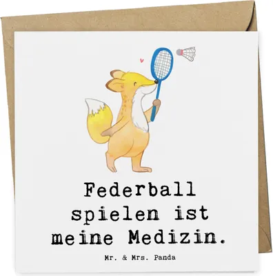 Produktbild von Mr. & Mrs. Panda Grußkarte Fuchs Federball spielen - Weiß - Geschenk, Klappkarte, Glückwunschkarte, faltkarte, doppelkarte, Badminton, anlasskarte