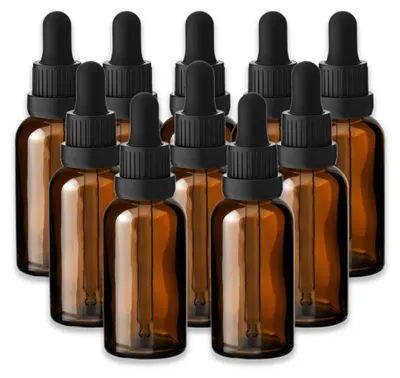 Produktbild von 10x Braune Glasflasche 30 ml mit schwarzer Pipette leer zum Befüllen