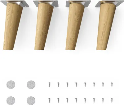 Four wooden furniture legs with metal mounting plates and a set of screws and felt pads.