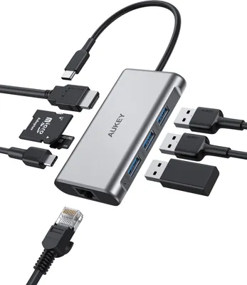 Image de AUKEY CB-C91 Hub USB C 8 en 1 avec 4K HDMI, port Gigabit Ethernet argent, 1 port de charge USB Power Delivery et slots pour cartes SD & Micro SD.