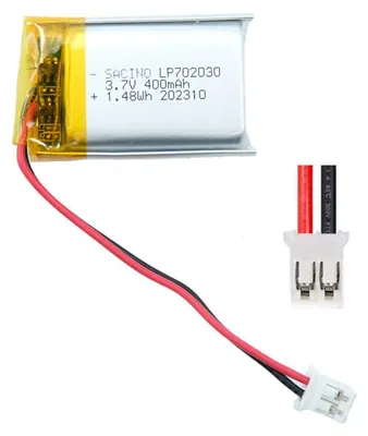 A small lithium polymer battery with attached wires and a connector.