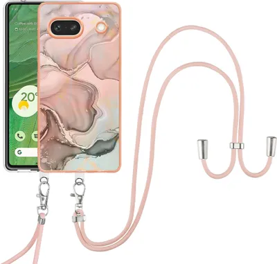 Image de Etui avec sangle pour Google Pixel 7A, bumper TPU à motifs, étui de protection avec sangle ajustable Crème