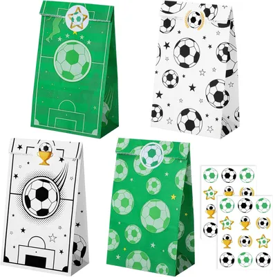Produktbild von Fußball Geschenktüten 20 Stück, 4 Stile, Papier Tüten mit Fußball Aufklebern, für Kindergeburtstage