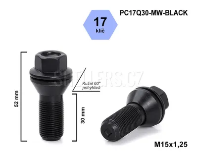 Obrázok produktu pre Skrutka kolesa M15x1,25x30 kužeľová, pohyblivé čelo, kľúč 17, PC17Q30-MW-BLACK, čierna, výška 52 mm