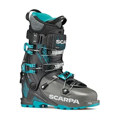 Skitourenschuh Maestrale XT von Scarpa in Grau und Türkis mit Schnallen und verstärktem Schaft.