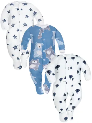 Produktbild von DOLCE SONNO 3er-Set Baby Schlafstrampler mit Langarm – Luftballons, Sterne, Teddybären – 100% Baumwolle – Größe 56