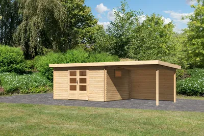 Produktbild von Gartenhaus Blockbohlenhaus Gerätehaus  Trittau 5 im Set mit Anbaudach 3,3 m+ Rückwand naturbelassen 679x297x217 cm