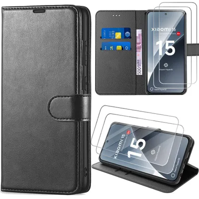 Image de Coque + 2 Verres Trempés pour Xiaomi 15, Protection Rabat Flip Case Anti-Rayures Antichoc Synthécuir Souple - Noir
