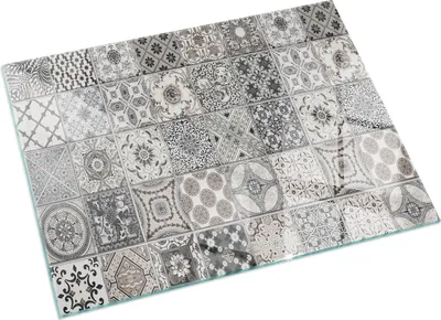 Produktbild von Dekorative Fliesenmuster – Glasbodenplatte für – Kaminofen – Kaminplatte Glas – Schutzglas – Funkenschutzplatte –Glasbodenplatte Feuerfeste – Hitzeschutzplatte – Bodenschutz aus Glas – 60x40 cm