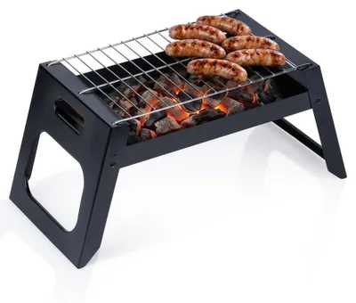 Obrázok produktu pre Drevený gril – skladací, prenosný gril – 46 x 22 x 22 cm – oceľ – vhodný na balkón, terasu a kempovanie – čierna farba