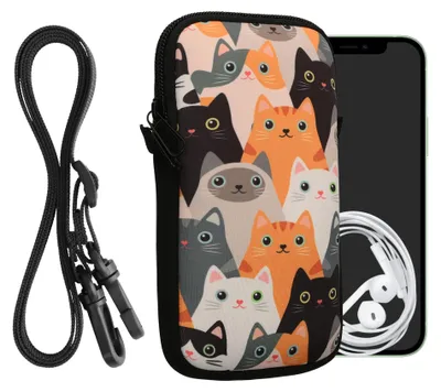 Produktbild von kwmobile Handytasche für Smartphones L - 6,5" - Neopren Handy Hülle Orange Schwarz Weiß - Handy Tasche mit Kette 16,5 x 8,9 cm Innenmaße - Katzen