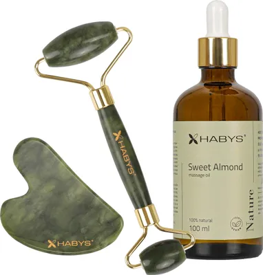 Produktbild von HABYS Gesichts-Massage-Set mit Jadeit | Gua-Sha-Stein, Jade-Roller und 100 ml natürlichem Mandelöl | für Gesichtspflege, Massage & Wellness zu Hause