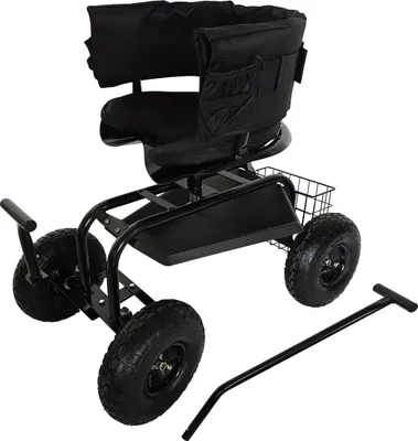 Obrázok produktu pre Relaxdays – záhradná lavica na kolieskach, s nastaviteľnou výškou, nosnosť 150 kg, úložný priestor, riadiace tyče, sedací vankúš, operadlo, záhradný vozík, čierna