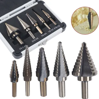 Image de HSS foret étagé foret conique foret conique boîtier aluminium 5pcs fraise set cône foret hélicoïdal pour acier inoxydable métal bois plastique set