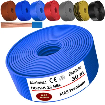 Productafbeelding van 30 meter aderkabel H07 V-K, type HBL, 1x16 mm², lichtblauw, enkeldradig, flexibel