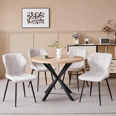 Immagine prodotto di Set da pranzo composto da un tavolo rotondo da 100 cm e 4 sedie, con piano in legno effetto legno chiaro, sedute in lino beige e gambe in metallo