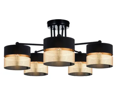 Produktbild von FKL DESIGN Home Deco Deckenlampe Deckenleuchte Schwarz-Gold 5-flammig E27 Kunststoff Lampenshirm Lampe aus Serie N450 (E5)