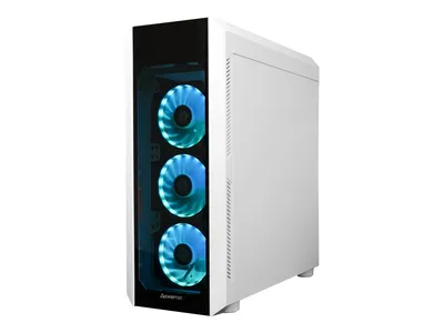 A white computer tower with three blue illuminated fans on the front, shown against a white background.