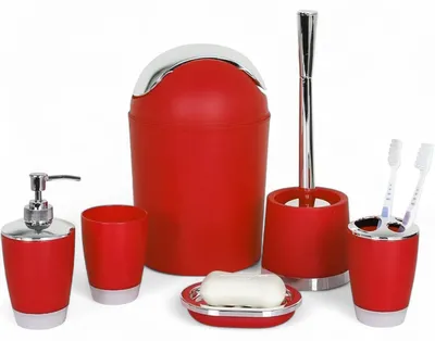 Produktbild von 6tlg Badset Badezimmer Zubehör Set Organizer: (Rot Design 1) Seifenspender, Zahnputzbecher, Kosmetikeimer, WC Bürste, Seifenschale, Mülleimer