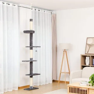 Obrázek produktu pro Lezecká věž pro kočky – 5patrová prolézačka – výškově nastavitelná – lezecká zábava pro kočky – pohodlné lůžko – houpací míček – šedá