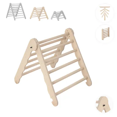 A wooden climbing triangle for children, shown from a slightly elevated front-left angle against a white background. Smaller versions of the climbing triangle are visible in the top-left corner of the image, along with circular insets showing details of th