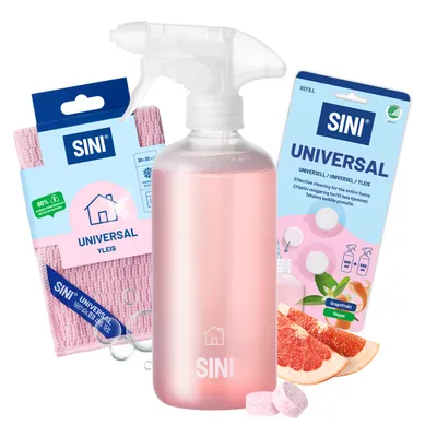 Produktbild von SINI Universal Spray Bundle – 3-Teiliges Set – Sprühflasche mit 2 Tabletten, Nachfüllpackung mit 2 Tabletten & Mikrofasertuch – pH-Neutraler Allzweckreiniger mit Grapefruitduft für Viele Oberflächen