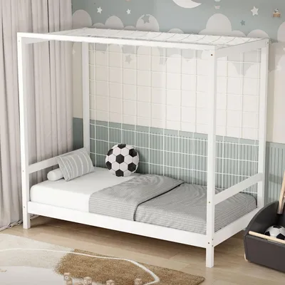Produktbild von ML-Design Kinderbett Fußballtor 80x160 cm, Weiß, Einzelbett für Kinder, Holzbett mit Lattenrost & Tornetz, Jugendbett aus Kiefernholz, Handballtor