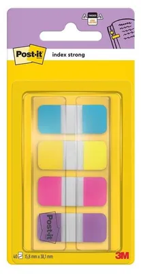 Produktbild von Post-it® Index Strong Ablagetabs, Mini, Blau, Violett, Rosa und Gelb, 15.8 mm x 38.1 mm, 40 Haftstreifen/Spender, 1 Spender/Packung | 1 Stück