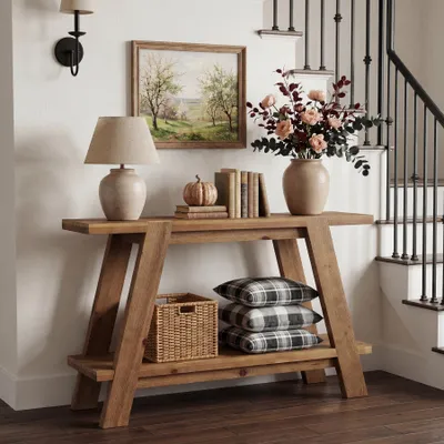 Produktbild von Konsolentisch, 110cm Beistelltisch aus Massivholz im Landhausstil, Eingangstisch mit zwei Ebenen, Flurtisch hinter dem Sofa für Wohnzimmer,Sofatisch