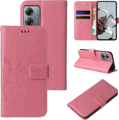 Produktbild von Handyhülle für Motorola Moto G14 Floral Blumen Schmetterling Flip Cover Hülle Case Klapphülle Handytasche Farbe: Rosegold