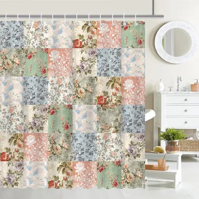 Produktbild von Duschvorhang mit floralem Boho-Muster – 183 x 183 cm – Wasserabweisend – Retro-Boho-Blumendesign – Mit 12 Haken