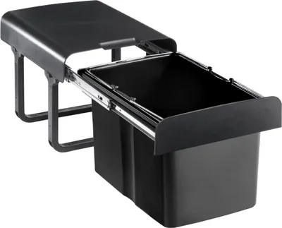 A black pull-out trash bin system with two compartments, shown extended from its housing.