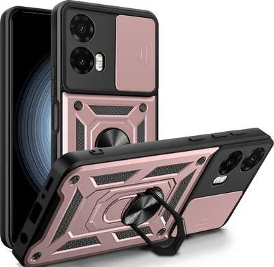 A rose gold and black phone case with a ring holder is shown from multiple angles against a white background.