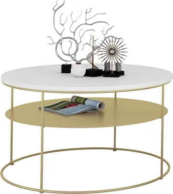 Zdjęcie produktu dla Okrągły Stolik Kawowy z Półką Salon Loft Metal 75x75x43 Złoty+Biały Mat