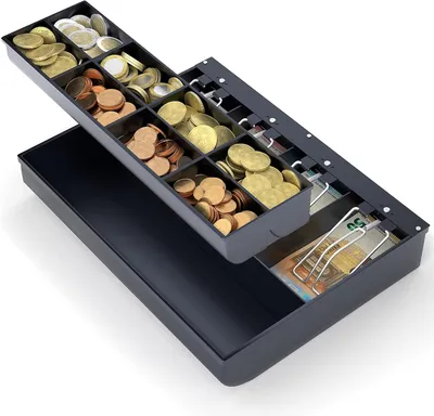 Immagine prodotto di Acropaq - Vassoio per registratore di cassa Compatibile con tutti i cassetti portadenaro larghi 33 cm, 4 scomparti per monete e 8 scomparti per banconote - Nero BSIT335