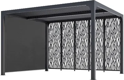 Image de Pergola Bioclimatique Aluminium Gris Anthracite avec Panneaux Moucharabieh et Rideau Latéral Manuel – 10,80 m² – Lames Orientables Manuelles