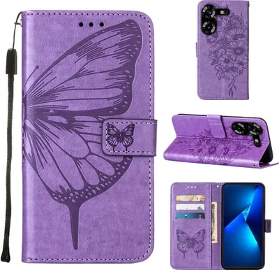 Produktbild von Lederhülle für Tecno Pova 5 LH7N Schmetterling Prägung Flip Ledertasche Kartenfächer Handyhülle mit Ständer Violett