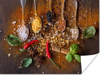 Produktbild von MuchoWow® Poster Löffel - Kräuter - Gewürze - Salz 160x120 cm - Foto Plakat