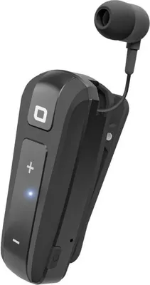 A black monaural Bluetooth headset with an in-ear earbud and a clip.