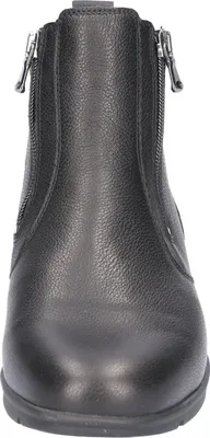 A front view of a black leather boot.