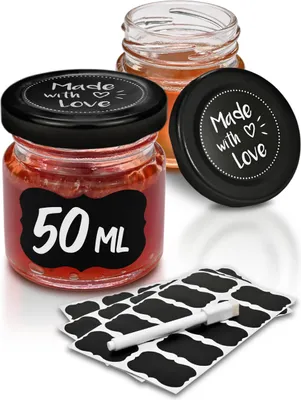 Produktbild von Praknu 24 Mini Gläser mit Deckel 50 ml - Mit Etiketten und Stift - Luftdichte Gläschen zum Verschenken - Für Marmelade und Honig