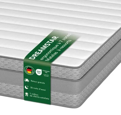 Image de Matelas à ressorts ensachés en forme de tonneau 7 zones de haute qualité | 90 x 200 cm | 21 cm d'épaisseur | H3 | moyennement ferme | DREAMSTAR Tape Edge