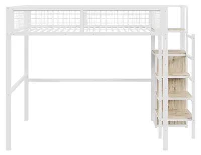 Obrázok produktu pre Vysoká posteľ – poschodová posteľ – 140 x 200 cm – kovový rám – rebrík – odkladacia plocha – šatník – biela farba