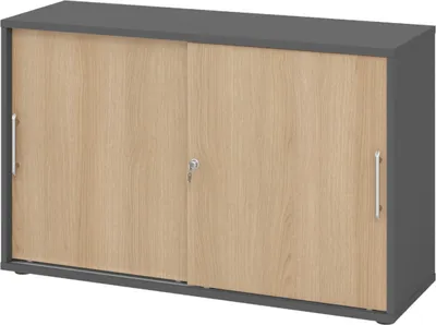 Produktbild von bümö Schiebetürenschrank office - 2 Ordnerhöhen - Griff: Relinggriff (Kunststoff), Nachbildung: Graphit/Eiche