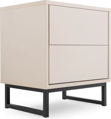 A modern nightstand with two drawers and black metal legs, presented against a white background.