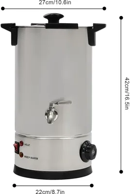 A silver electric wax melter with a black lid and base, featuring a spigot and control panel, with dimensions indicated by measurement lines and text.